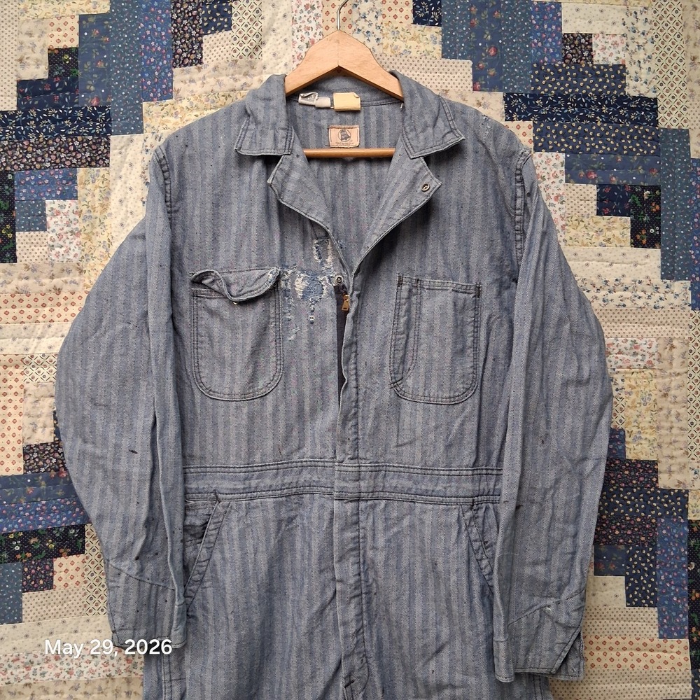 Vtg 1950s Blue Bell Herringbone Twill HBT Coveralls 10oz Prentice Zip Sz 42 Reg
